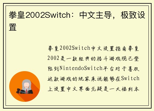拳皇2002Switch：中文主导，极致设置